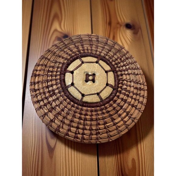 Vintage Pine needle woven & Pottery Bowl Cover / lid Hotplate trivet 6" D - Picture 3 of 4